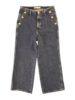 Zara High Rise Wide Leg Cropped Jeans Gold Button Dark Wash Size 6